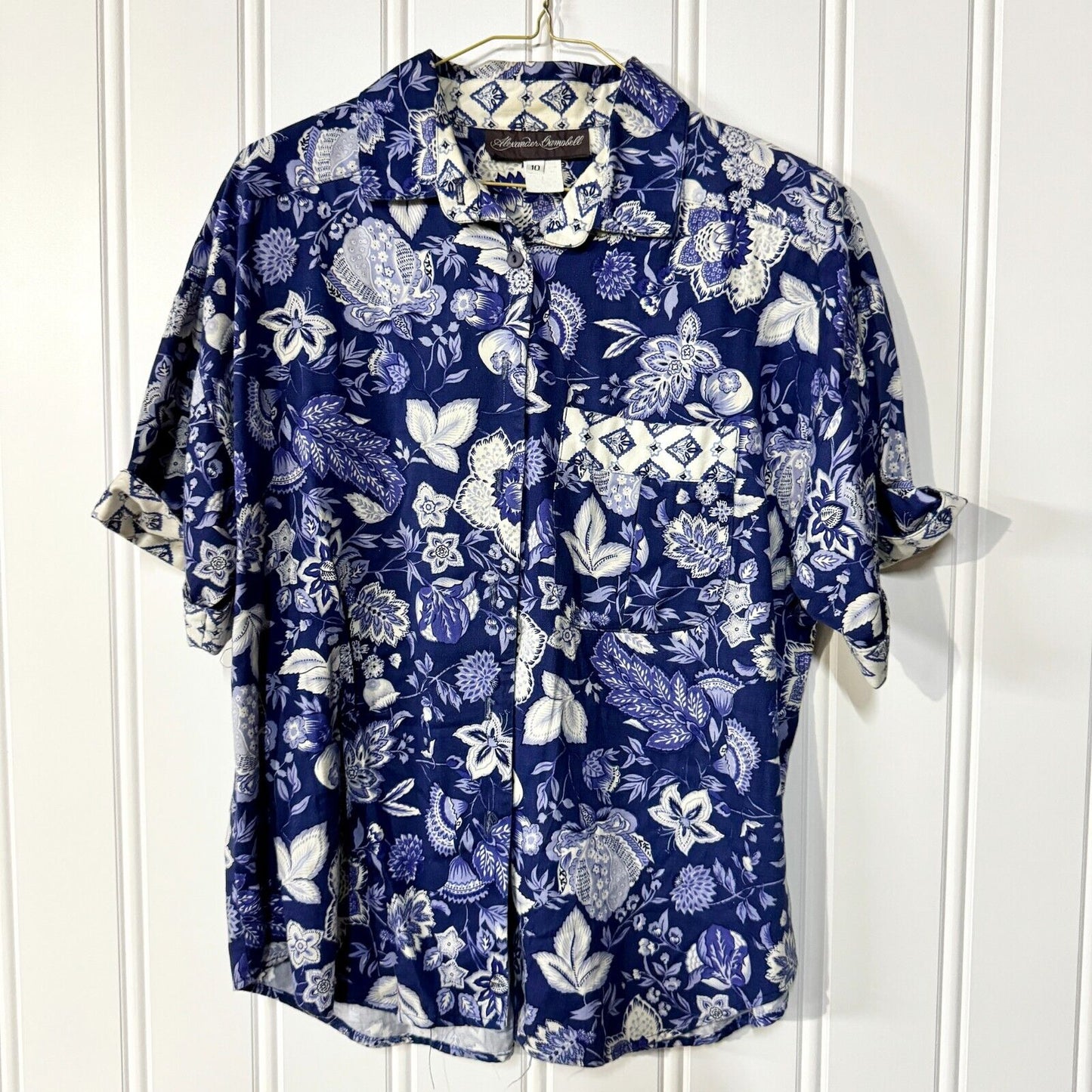 VTG Alexander Campbell 2 Piece Blue Button Down Top & Skirt Set Floral Collared
