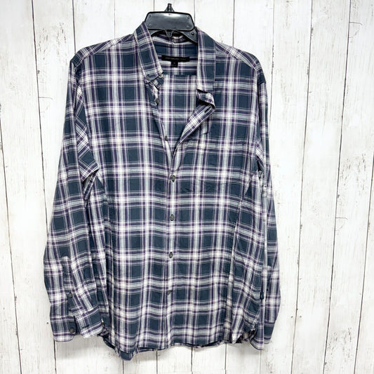 John Varvatos Shirt Men Medium Blue Plaid Button Up Long Sleeve Cotton Star USA