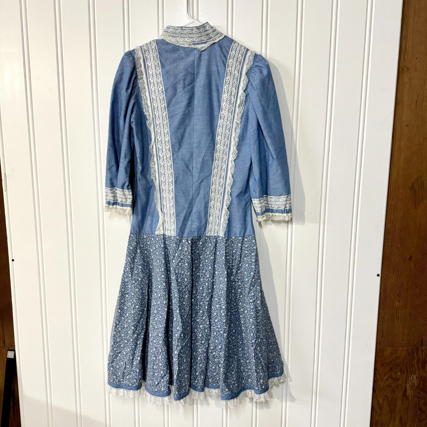 Handmade 70s Vintage Blue & White Lace Collared Neck Long Peplum Mini Dress