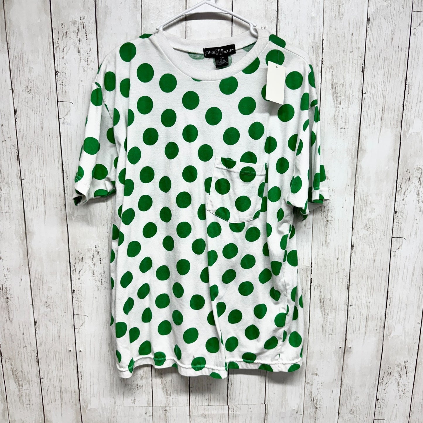 One Step Up Top Women Size Large White Green Polka Dot Crewneck Short Sleeve Tee