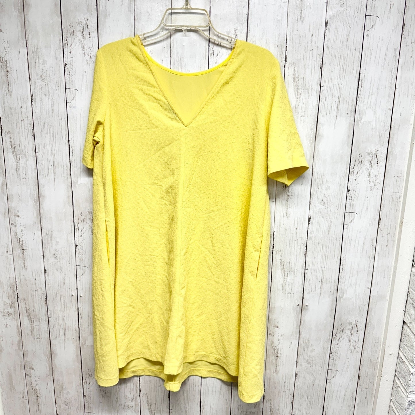 Frnch Dress Women Size M/L Yellow Crepe Round Neck Short Sleeve Shift Mini Sun