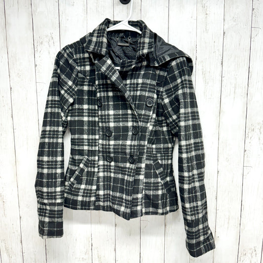 Y2K JouJou Jacket Women Size XS Plaid Hooded Peacoat Black White Button Pockets