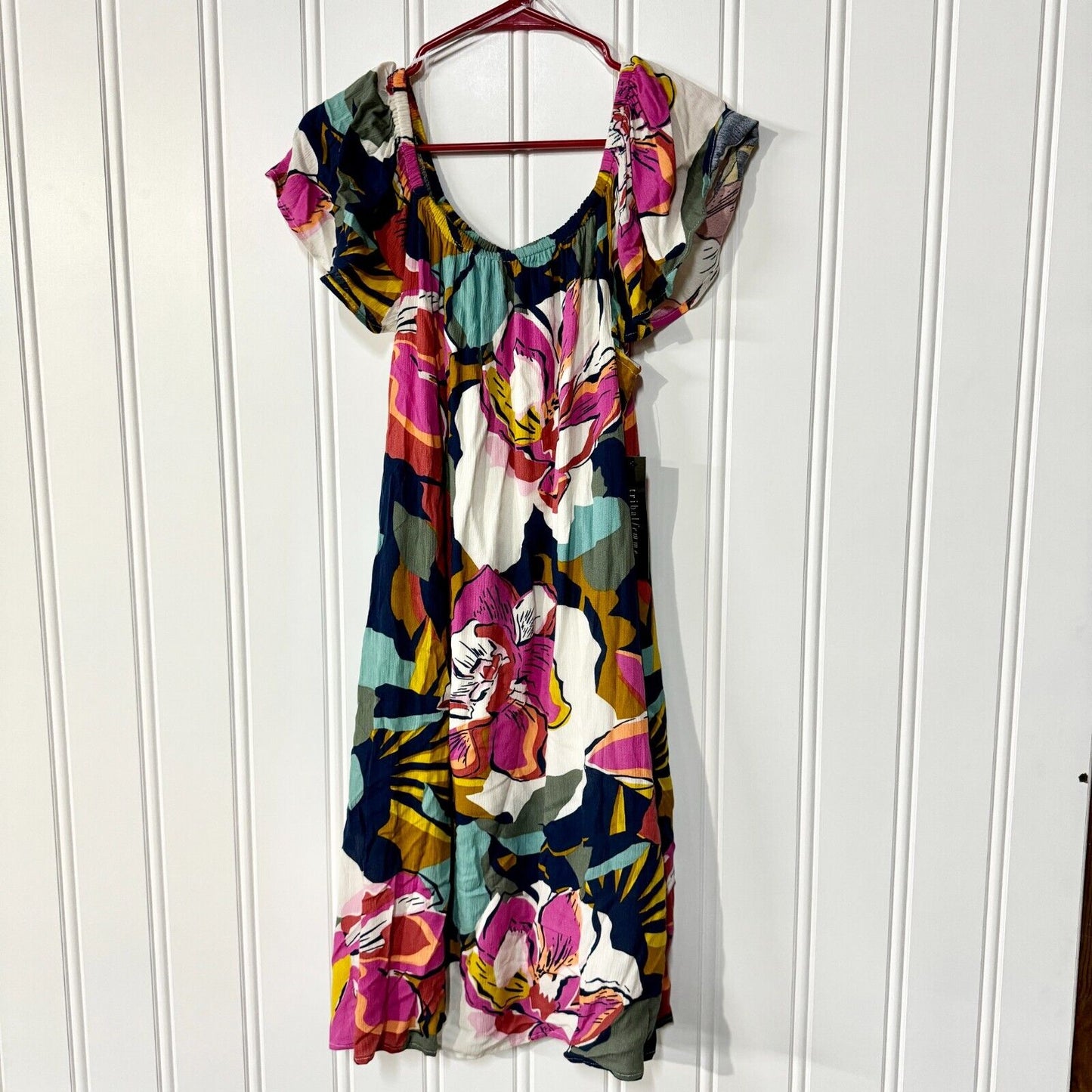 TRIBAL FEMME Dress Women Size M Off The Shoulder Floral Midi Flowy Tropical NEW