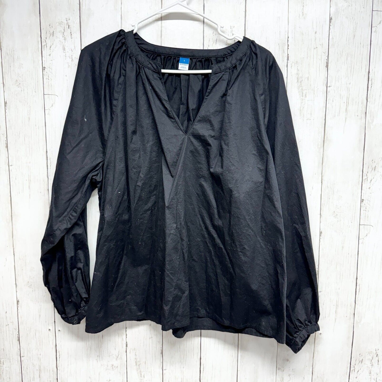 Old Navy Ladies L Black Top Blouse Puff Sleeves V neck 100% Cotton Business