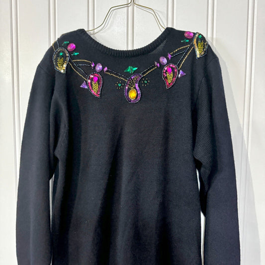Vintage R&K Originals Navy Sequin Long Sleeve Midi Sweater Dress Size Medium
