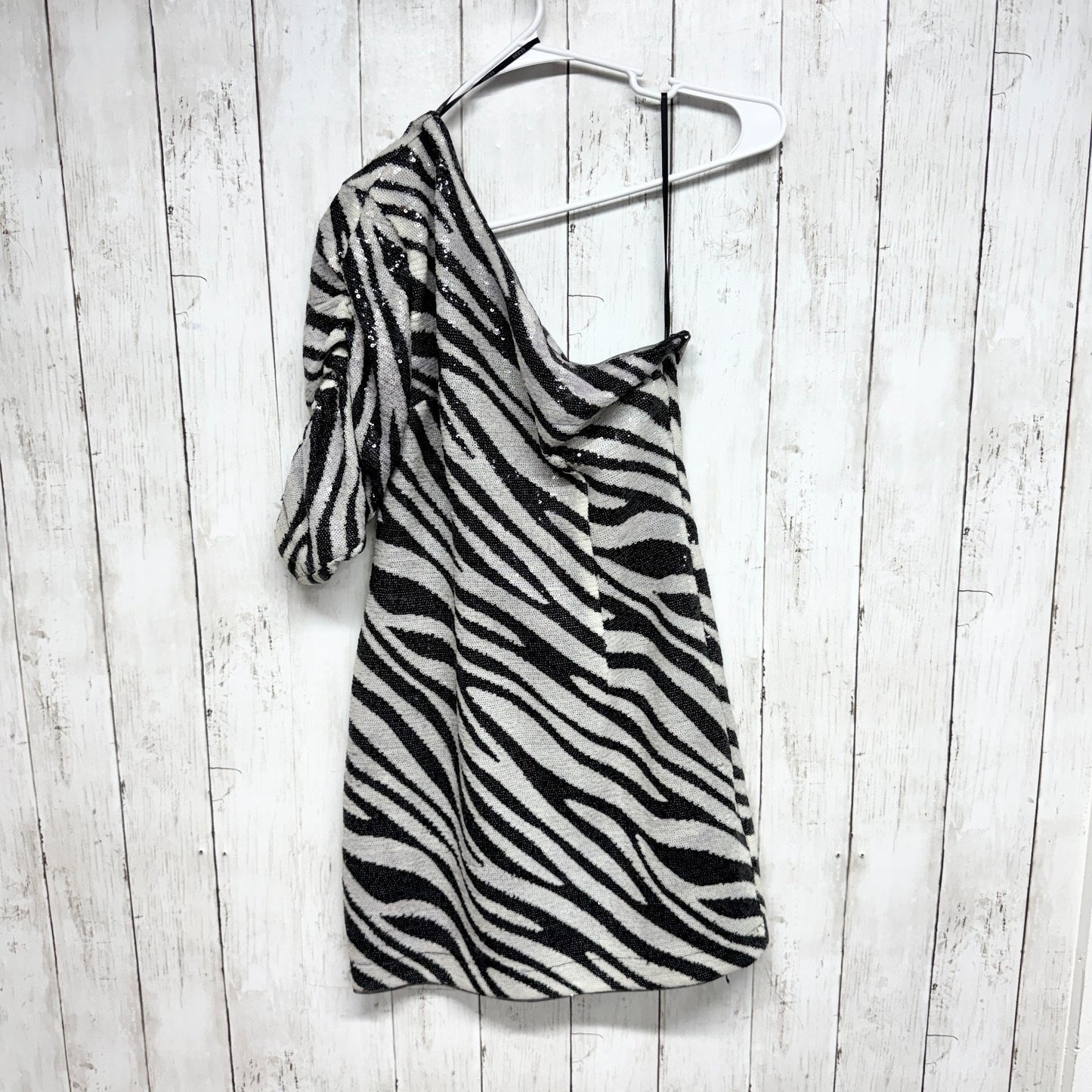 Guess Dress Women Sz Small Black White Zebra Print Full Sequin One Shoulder Mini