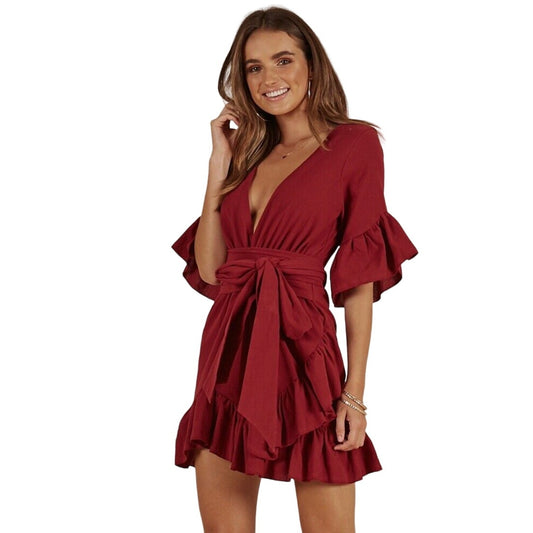 NWT SHOWPO WOMEN FREE MIND DRESS IN WINE LINEN LOOK SIZE 2