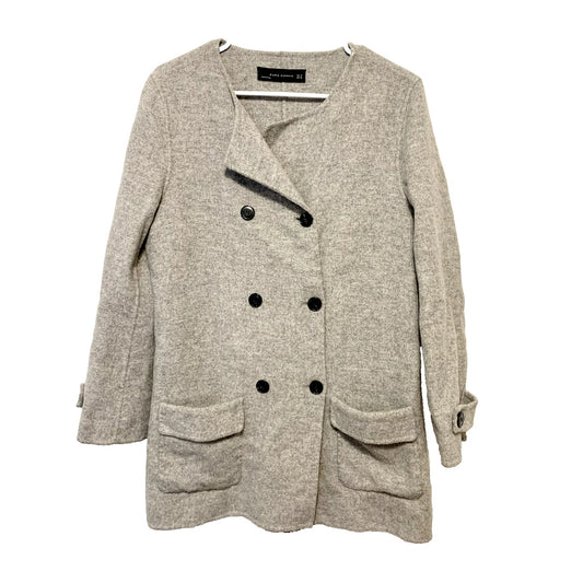 ZARA Coat Women M Gray Wool Blend Double Breasted Unlined Coat Botton Patches