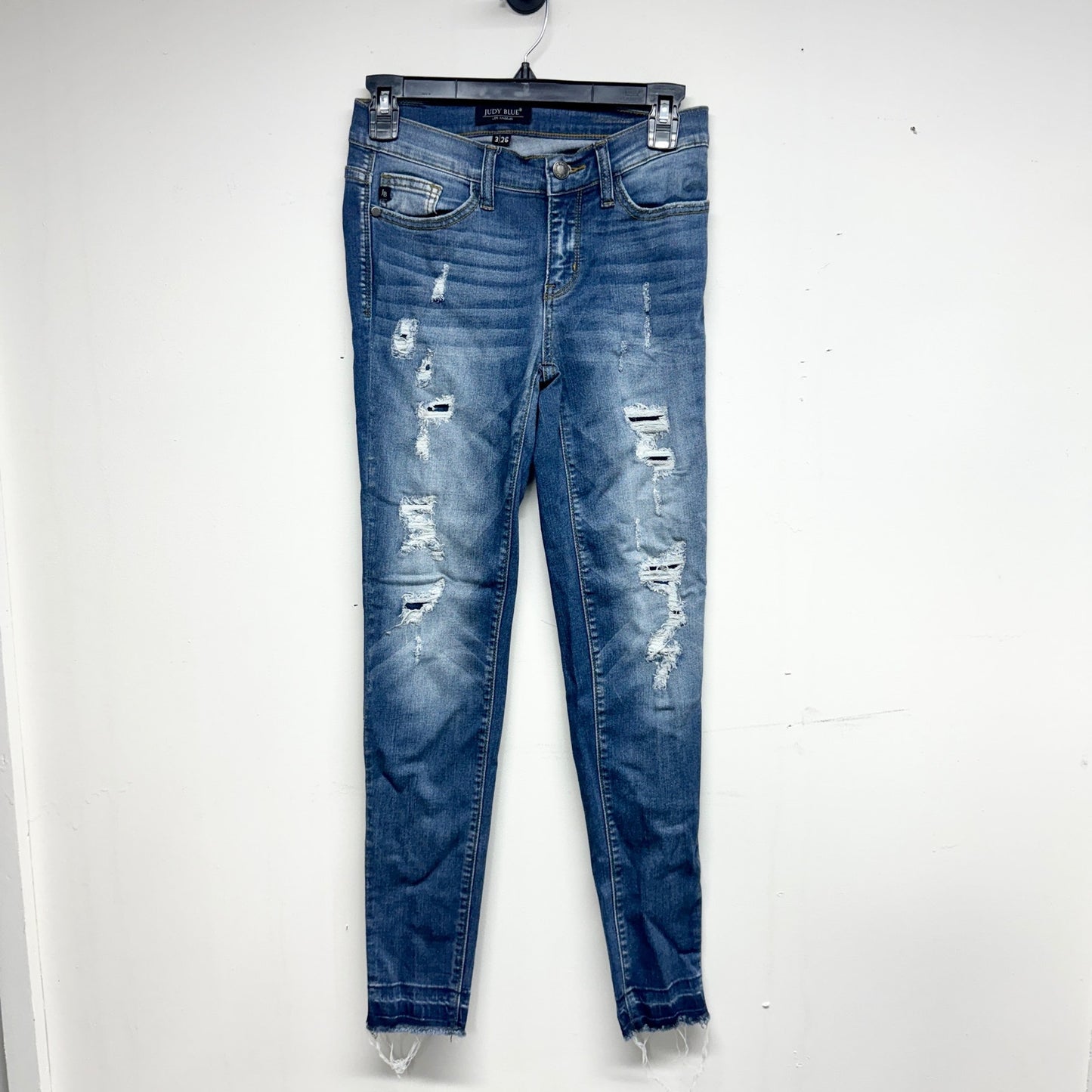 JUDY BLUE Women Patched Rip Skinny Dark Washed Jeans Stretch Raw Hem 3/26