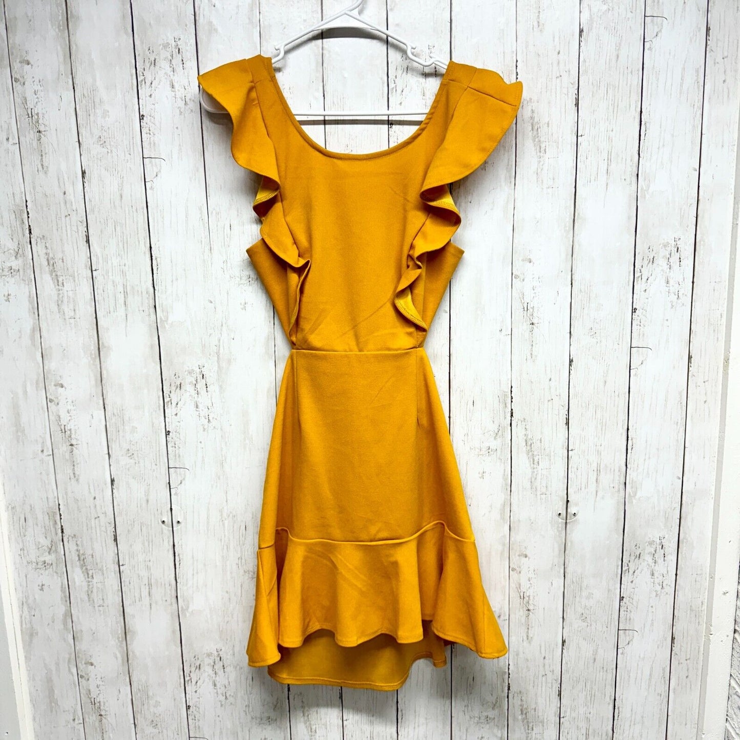 Hello Molly Dress Women Size M Ruffled Mini Mustard Yellow Open Back Crossover