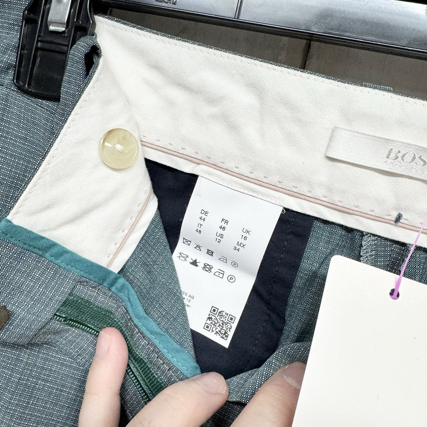 Boss Pant Men Size 12 Green Gingham Tapered Straight Trousers Dress Pants Cuffed