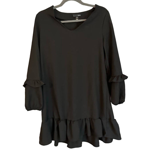 AQUA Dress Women Size Small Mini Black V Neck Ruffle Trim Long Sleeve Shift