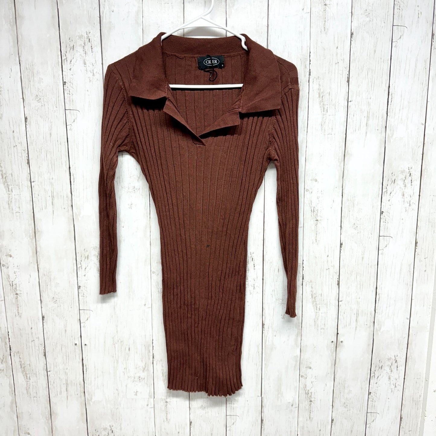 CIDER Dress Women Size Small Brown Fall Mini Ribbed Long Sleeve Collared