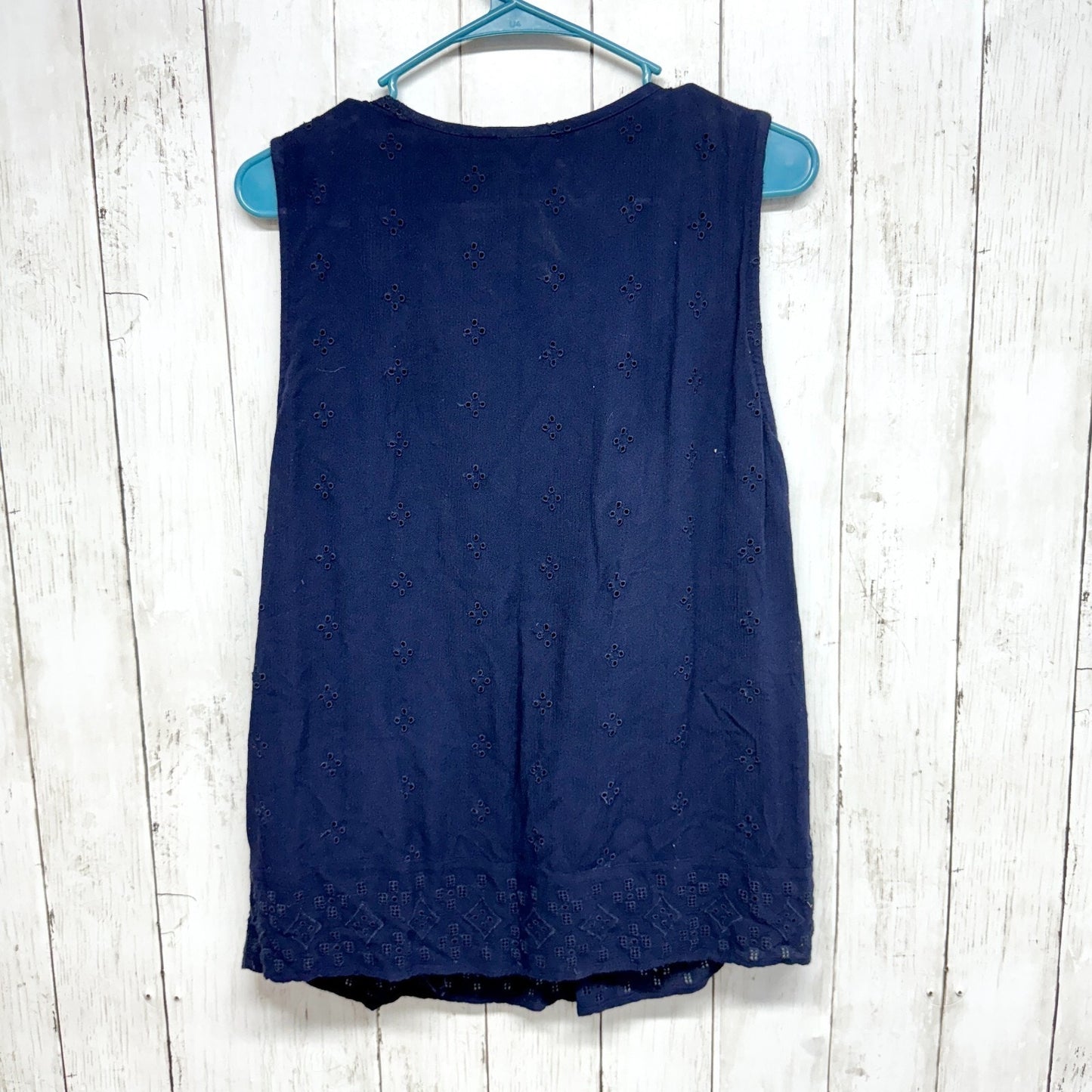 Gap Shirt Women S Tie-Front Splitneck Top Lace Trim Lasercut Navy Blue Rayon