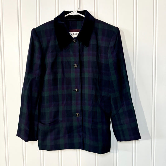 Vintage 80s Kasper Button Down Plaid Wool Blend Velvet Collared Blazer Size 10
