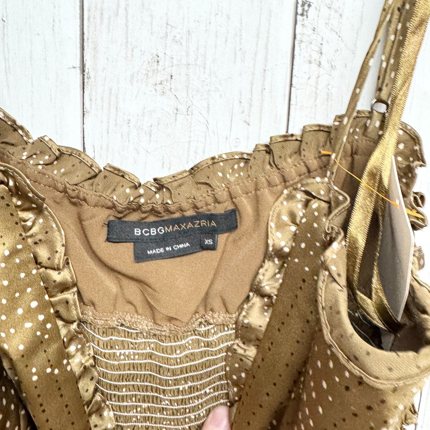 BcbgMaxazria Dress Women Size XS Gold Silk Dot Sleeveless Baby Doll Y2K Coquette