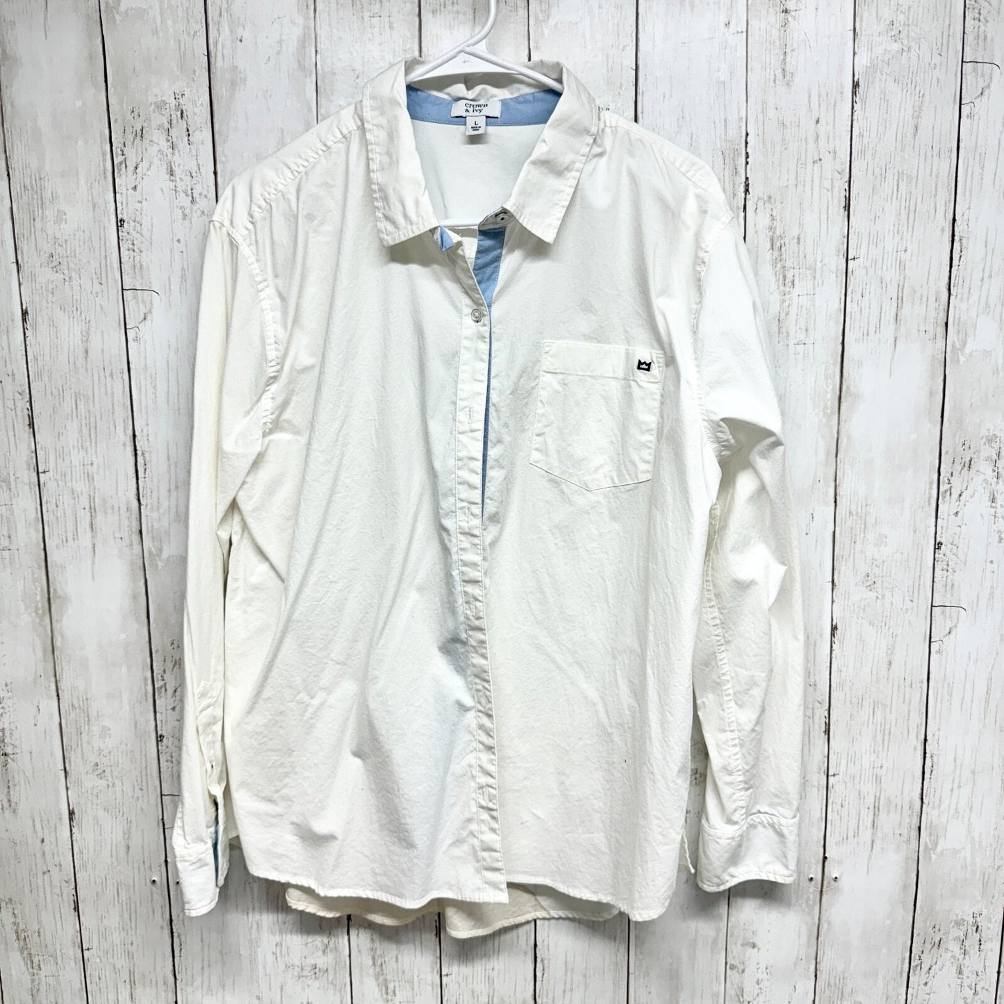 CROWN & IVY Shirt Women Size L Button Down Long Sleeve White Cotton Collar Top