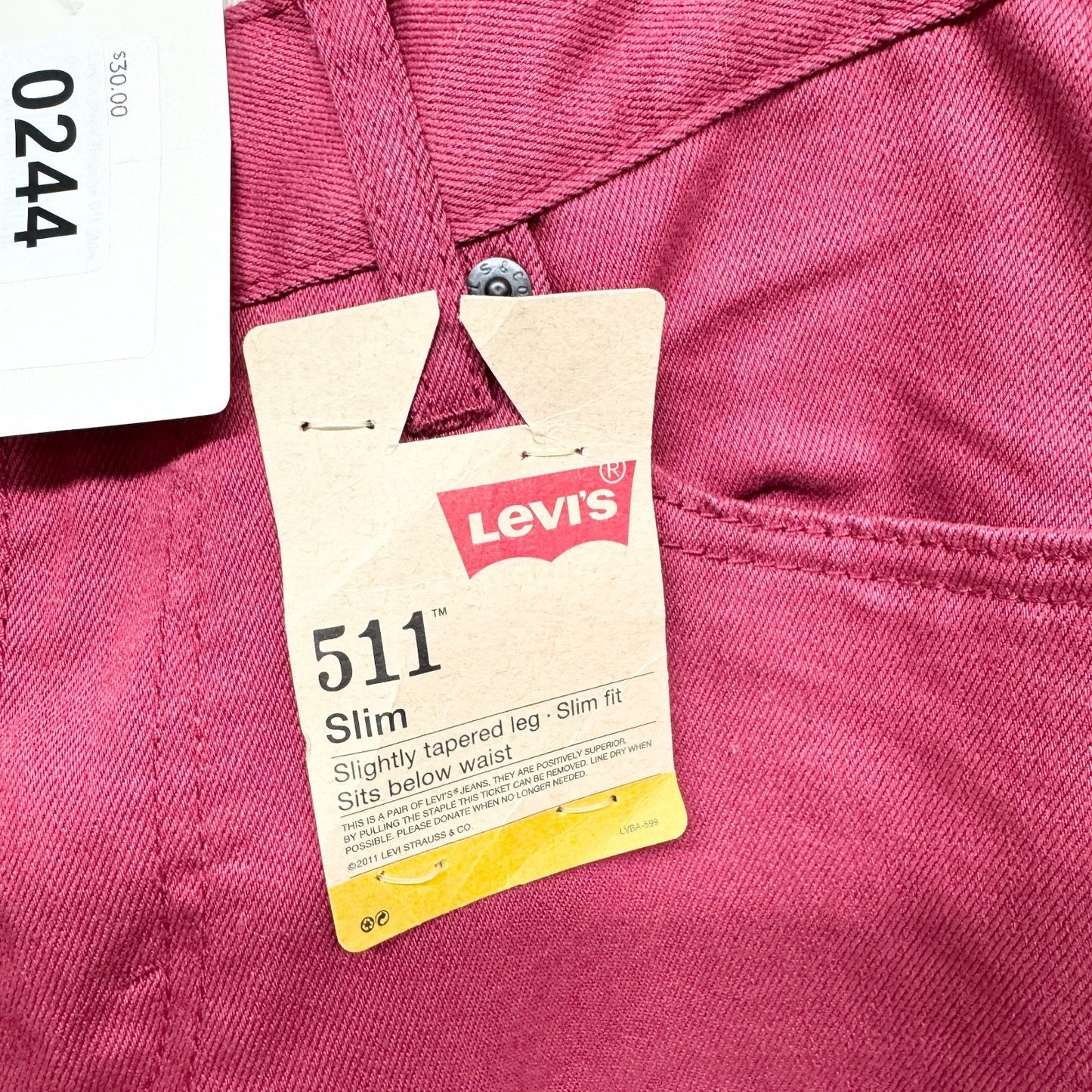 NEW Levi's Pants Men Size 18 Regular 29X29 511 Red Slim Fit Tapered Leg Jean