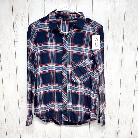 Zara Trafaluc Shirt Women Size Small Navy Plaid Collared Long Sleeve Button Down
