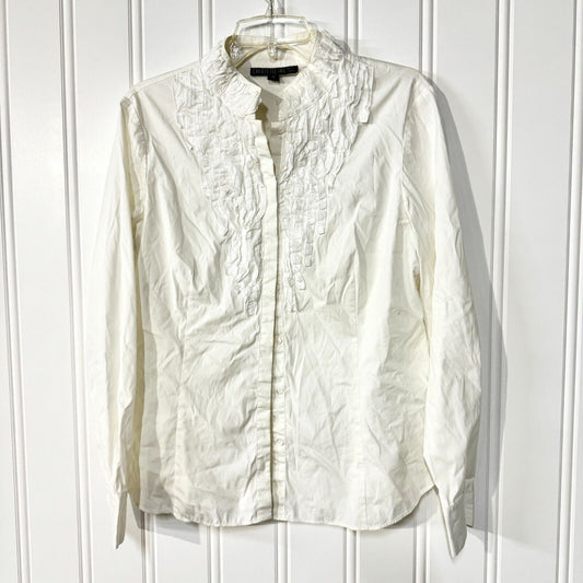 Lafayette 148 Blouse Women Size 10 White Button Up Embroidered Long Sleev Cotton