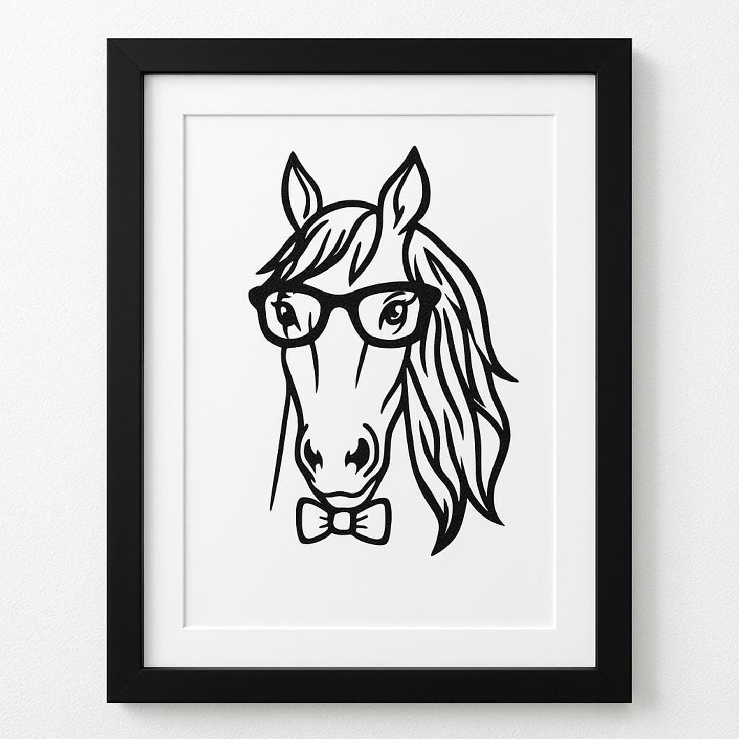 Quirky Horse Portrait – 3D Art Print in 8x10 Frame, Horse with Glasses and Bow Tie – Whimsical Wall Decor for Office or Living Room