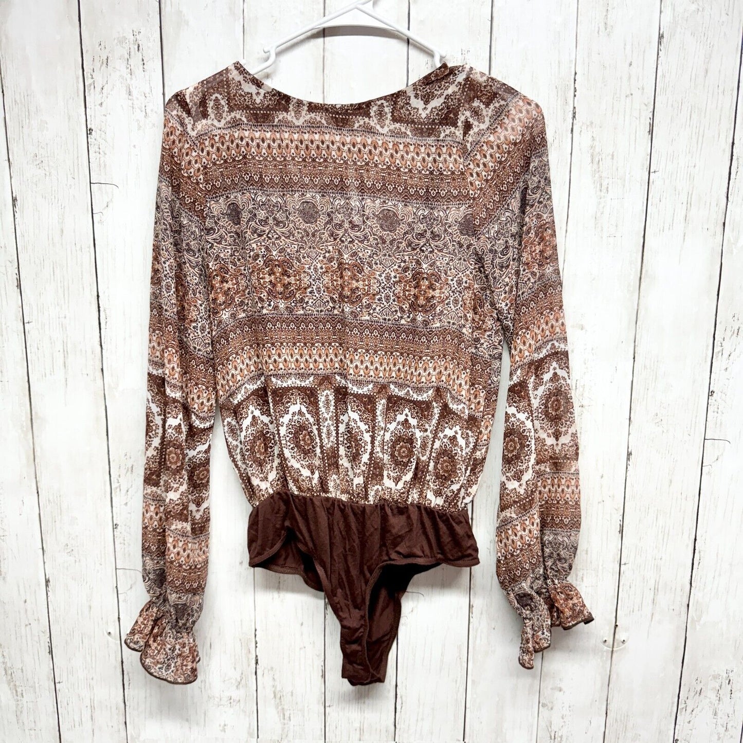 Lulus Bodysuit Women Size XS Brown Boho Tribal Long Sleeve Cuffed Crewneck