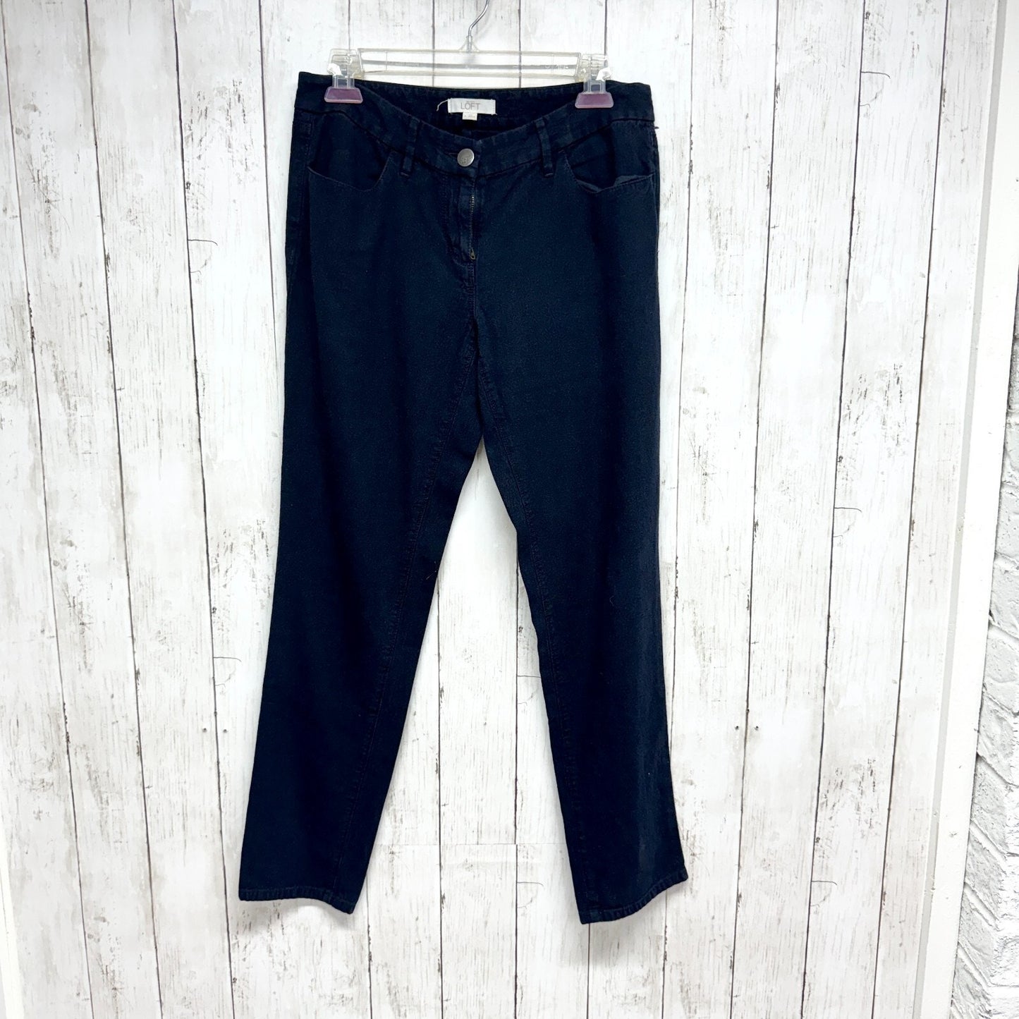 Loft Pants Women Sz 0 Dark Navy Denim High Rise Relaxed Straight Zip Fly Casual
