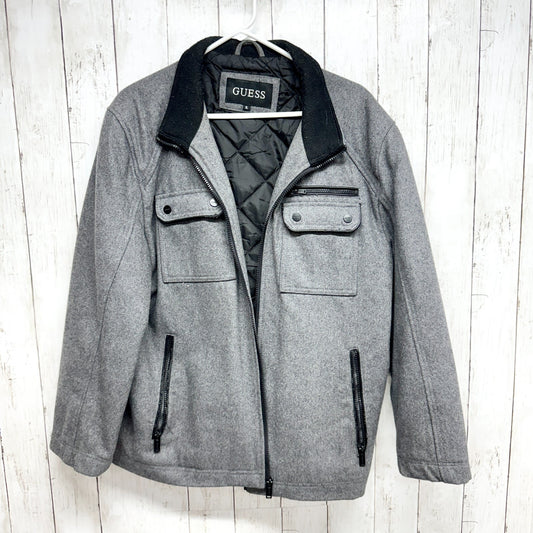 GUESS Jacket Men's Size XL Gray Bomber Jacket Wool Blend Quilted Lining Pockets