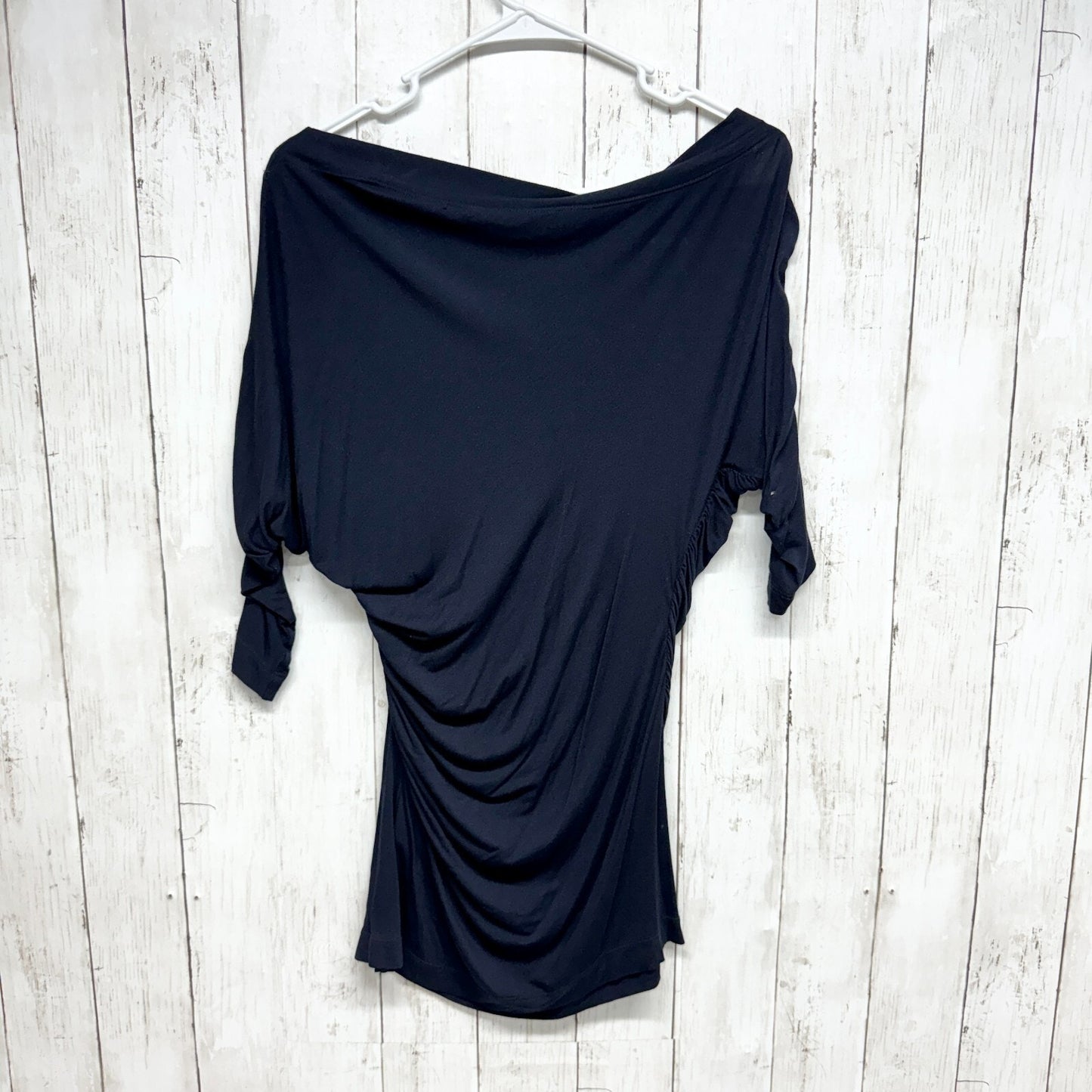 Bailey 44 Dress Women Size Large Off Shoulder Rutched Ruffled Mini Tunic Navy