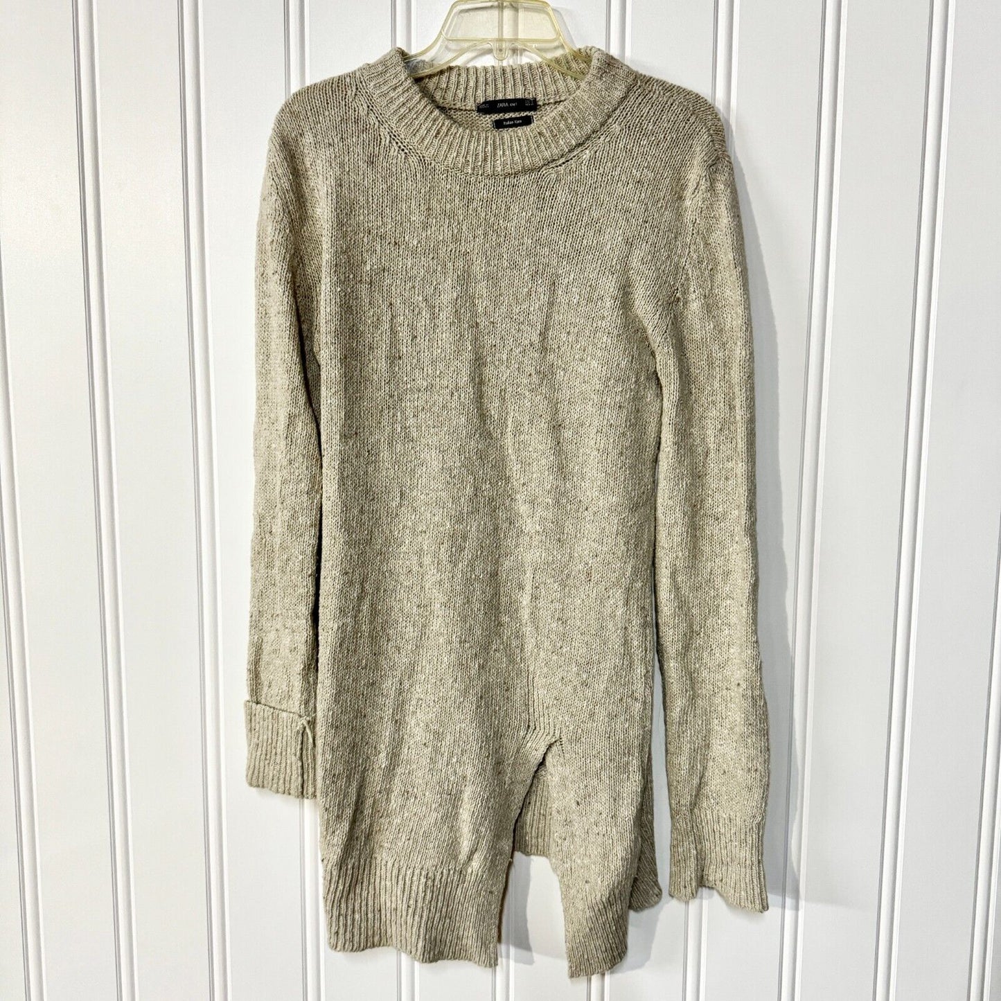 ZARA Dress Women Size L Cable Knit Crewneck Long Sleeve Slit Front Italian yarn
