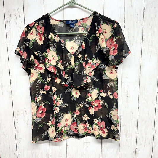 CHAPS Top Women's Size M Short Sleeve Shell Black Floral Print Sheer V Neck