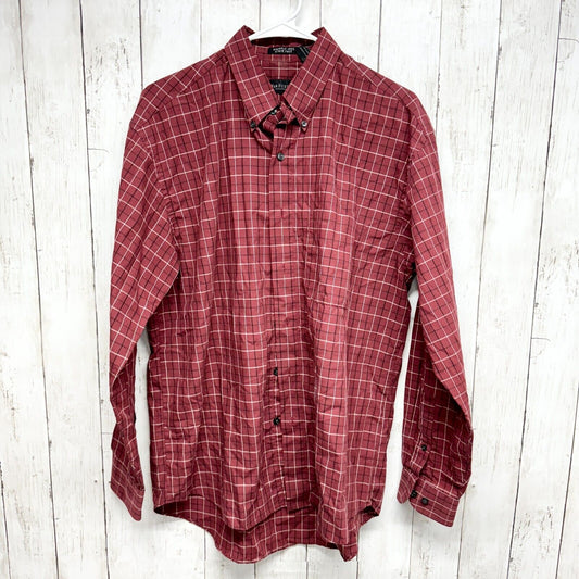 VAN HEUSEN Dress Shirt Women Size M 15-15.5 Plaid Long Sleeve Red Wrinkle Free