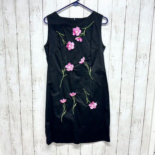 Danny & Nicole Black Sleeveless 8 Dress Embroidered Pink Flower Green Stem Mini
