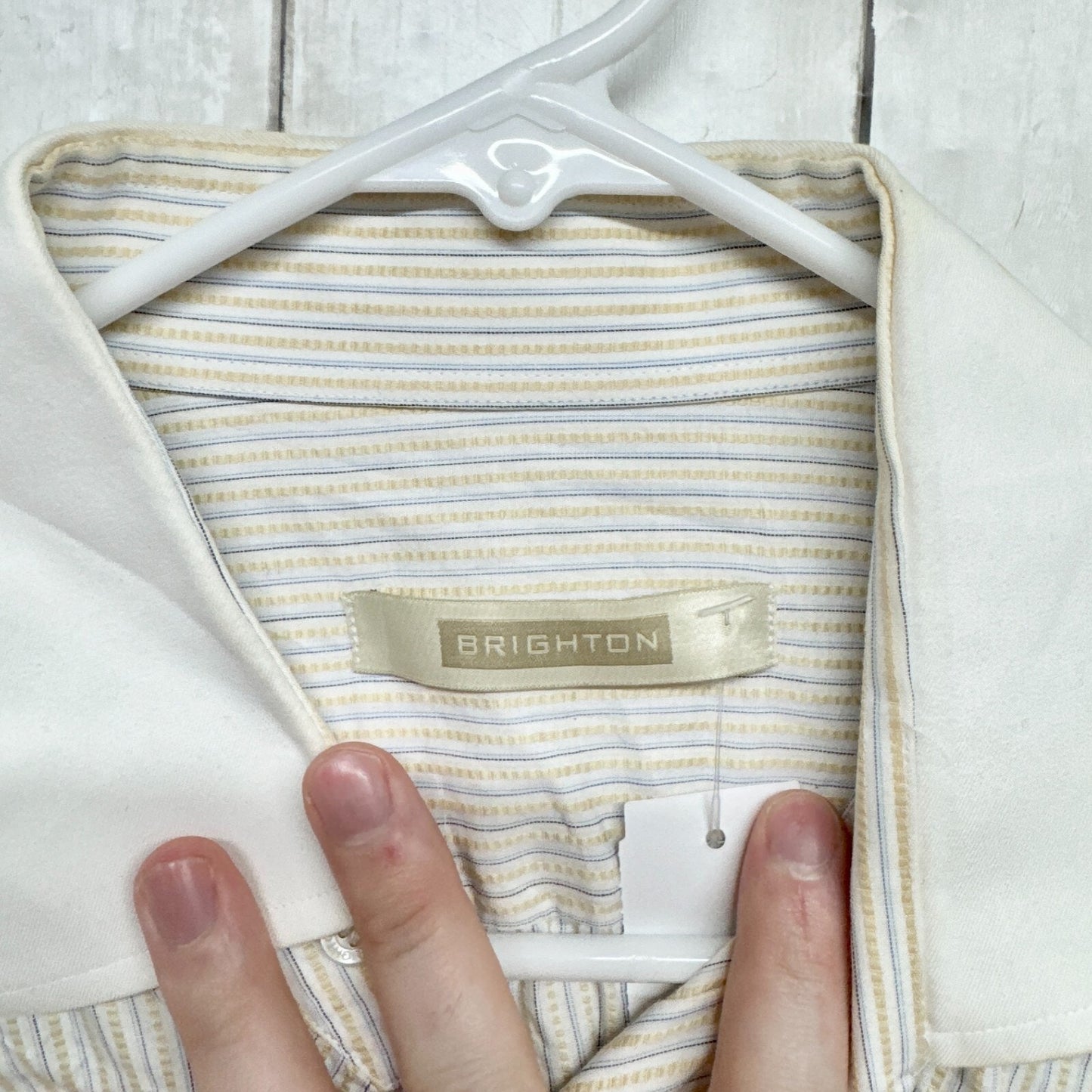 Brighton Shirt Men Size XL Off White Button Down Collared VTG Stripe Long Sleeve