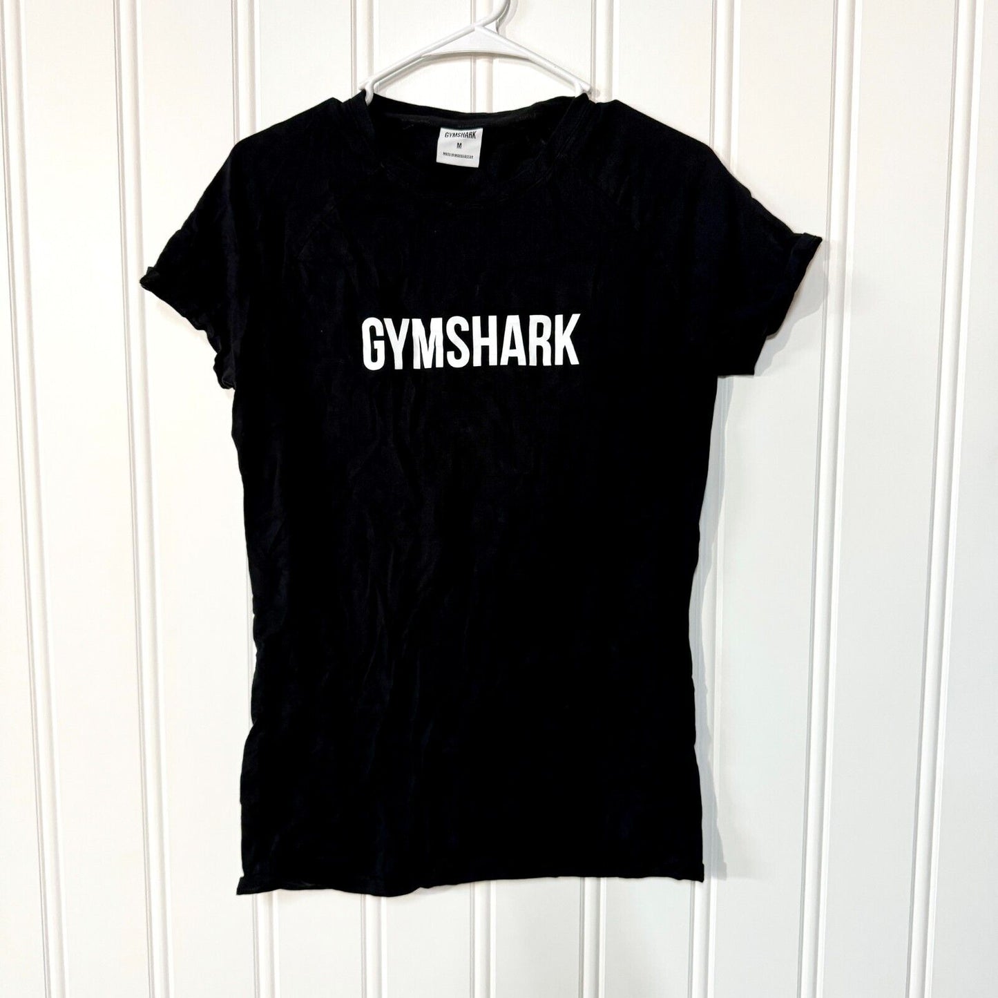 GYMSHARK Shirt Mens Size Medium Short Sleeve Black Spandex Athletic Fit Crewneck