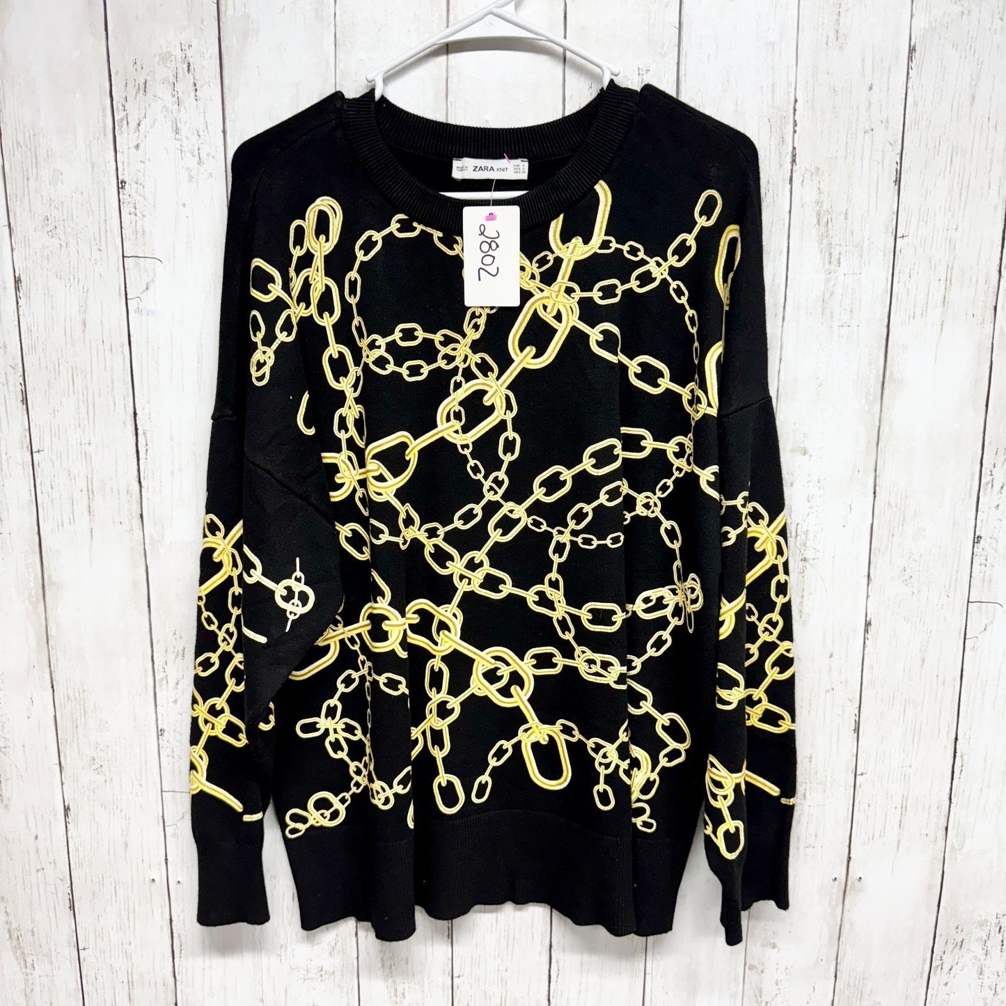 Zara Knit Sweater Women Size Small Black Gold Chain Printer Crewneck Long Sleeve