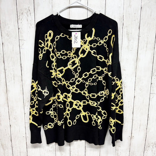 Zara Knit Sweater Women Size Small Black Gold Chain Printer Crewneck Long Sleeve
