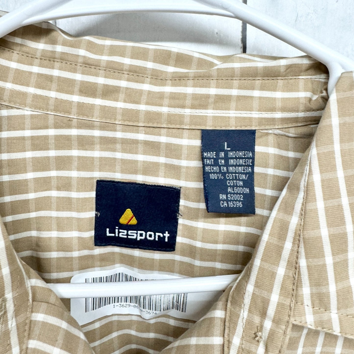 LizSport Shirt Men Size Large Tan Plaid Collared Cotton Long Sleeve Button Down