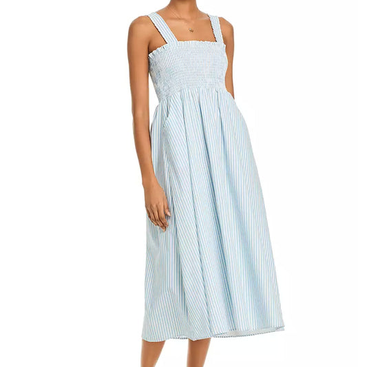 AQUA Women Striped Smocked Sleeveless Blue & White Ocean Midi Dress Small