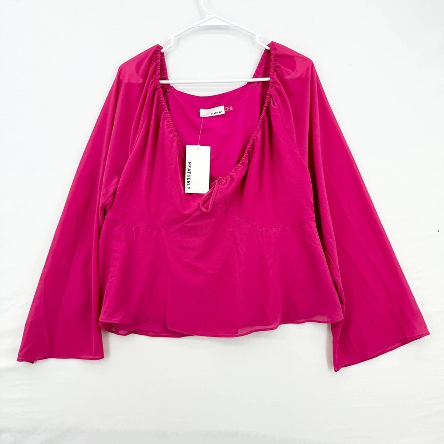 HEATHERLY Blouse Women Size XXL Hot Pink Y2K V Neck Flared Sleeve Semi Sheer NWT