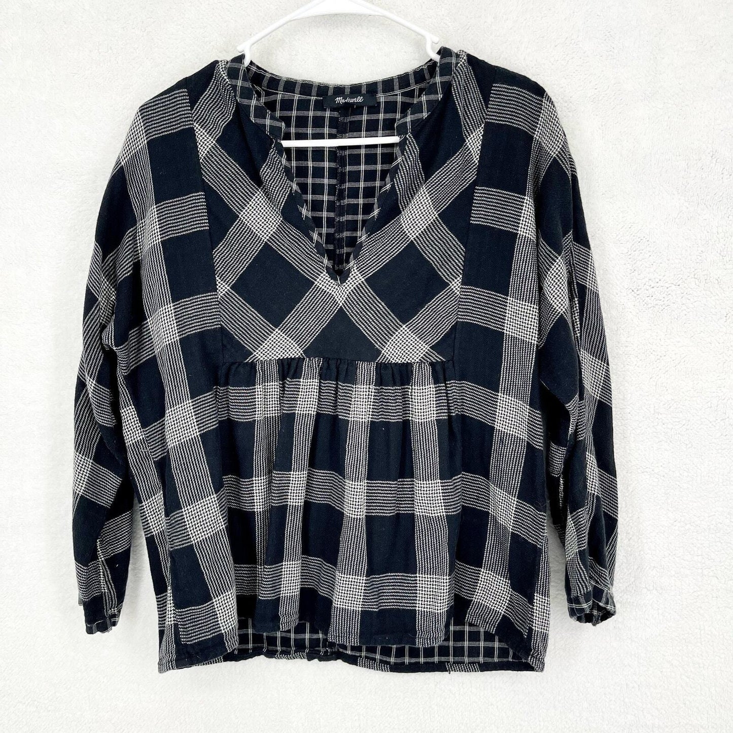 MADEWELL Blouse Women Size Medium v Neck Navy Plaid Long Sleeve Fall Casual