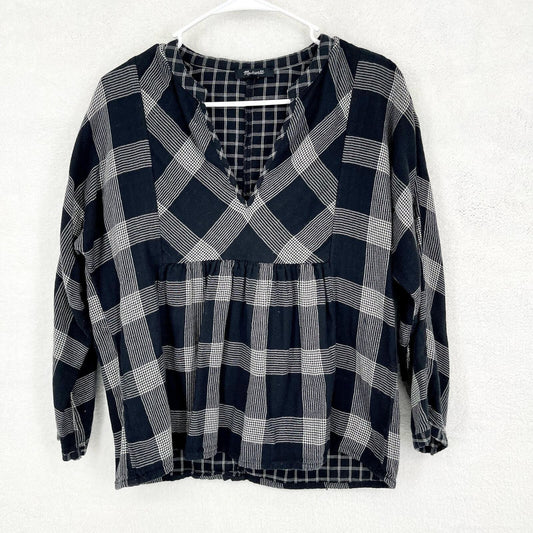 Madewell Navy Plaid Long Sleeve Casual Blouse Size Medium