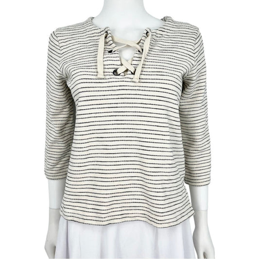 MADEWELL Sweater Women Size XS White & Blue Striped 3/4 Sleeve Laced Front