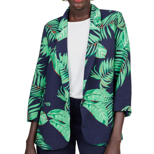 Julep and Petals Women's Lightweight Tropical Leaf Boyfriend Blazer 3/4 Sleeve S