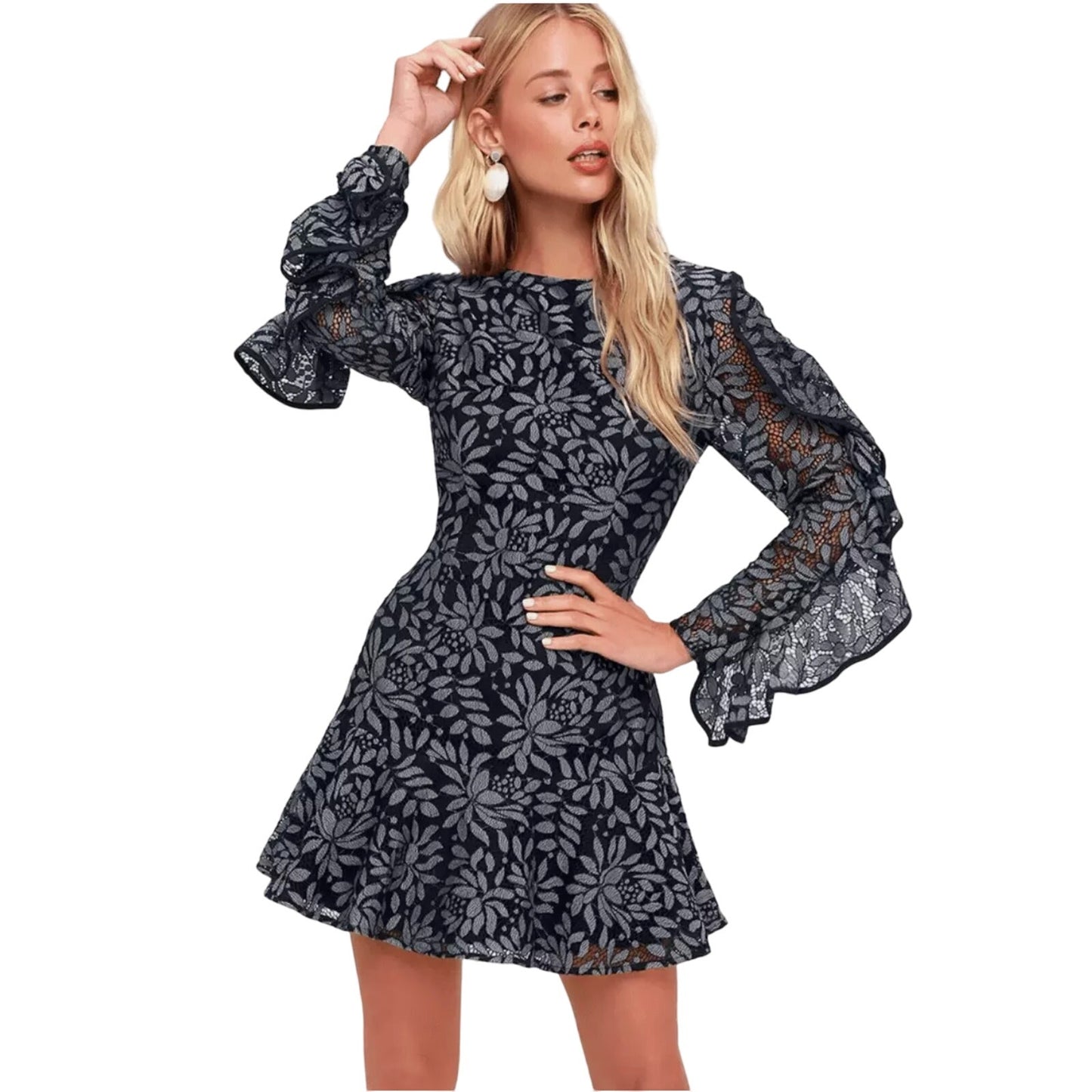 KEEPSAKE The Label Dresses Engage Navy Blue Lace Long Sleeve Dress Small