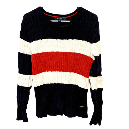 TOMMY HILFIGER Sweater Women Size L Cable Knit Striped Multi Colored Crewneck