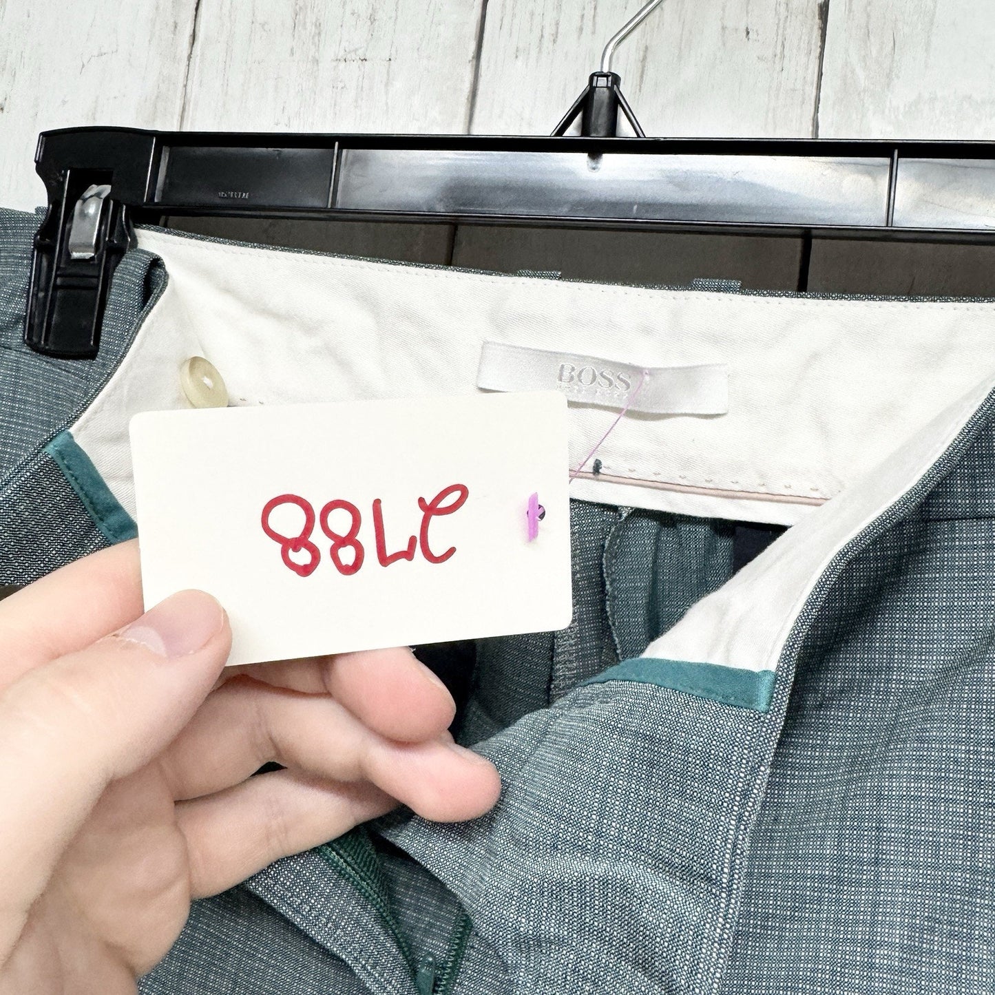 Boss Pant Men Size 12 Green Gingham Tapered Straight Trousers Dress Pants Cuffed