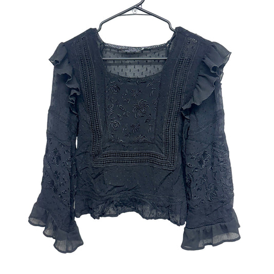 ZARA Women Black Ruffled Long Sleeve Boho Lace Sheer Top Size Small