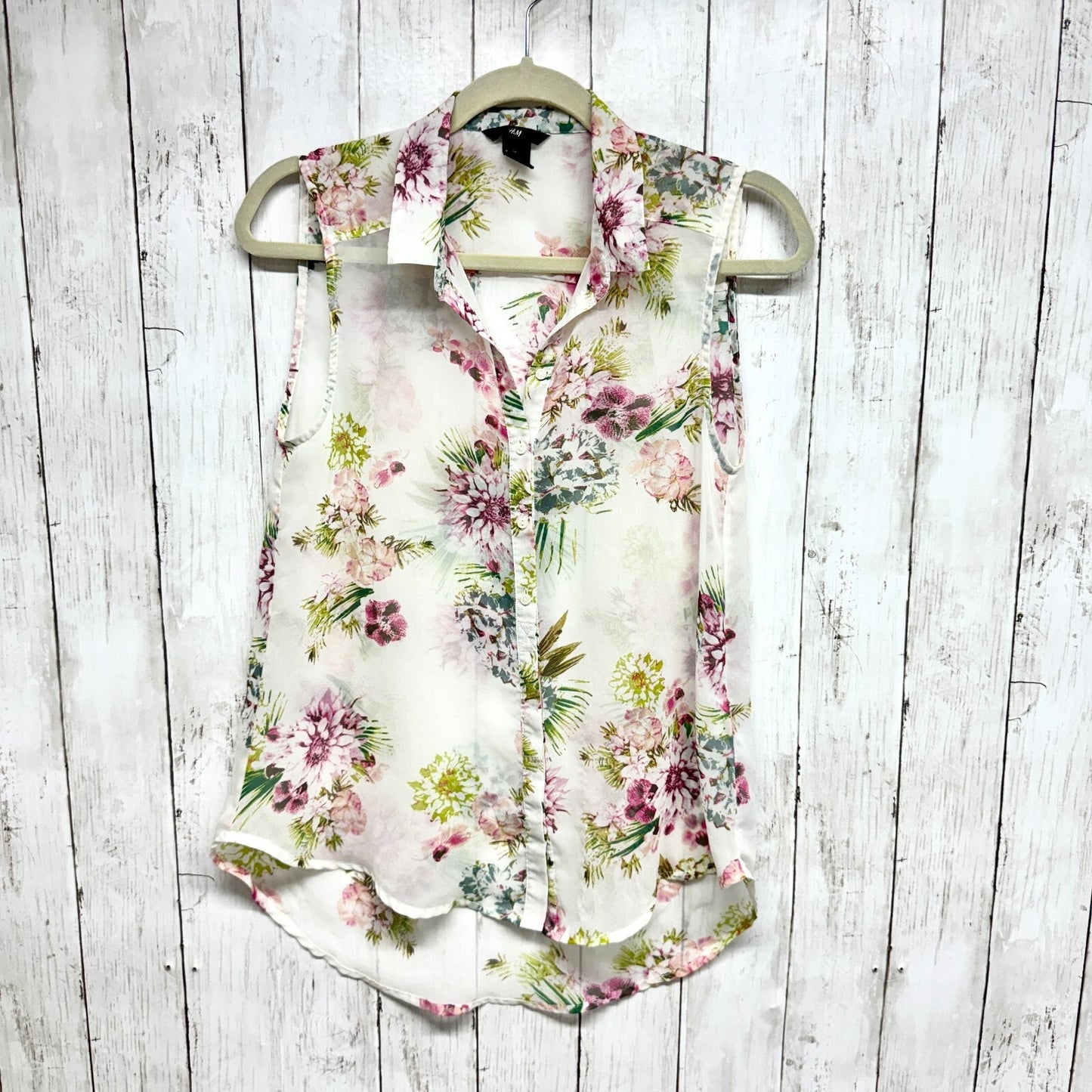 H&M Shirt Women Size 6 Tank Blouse Sleeveless Floral Button-Down Hi-Low Sheer