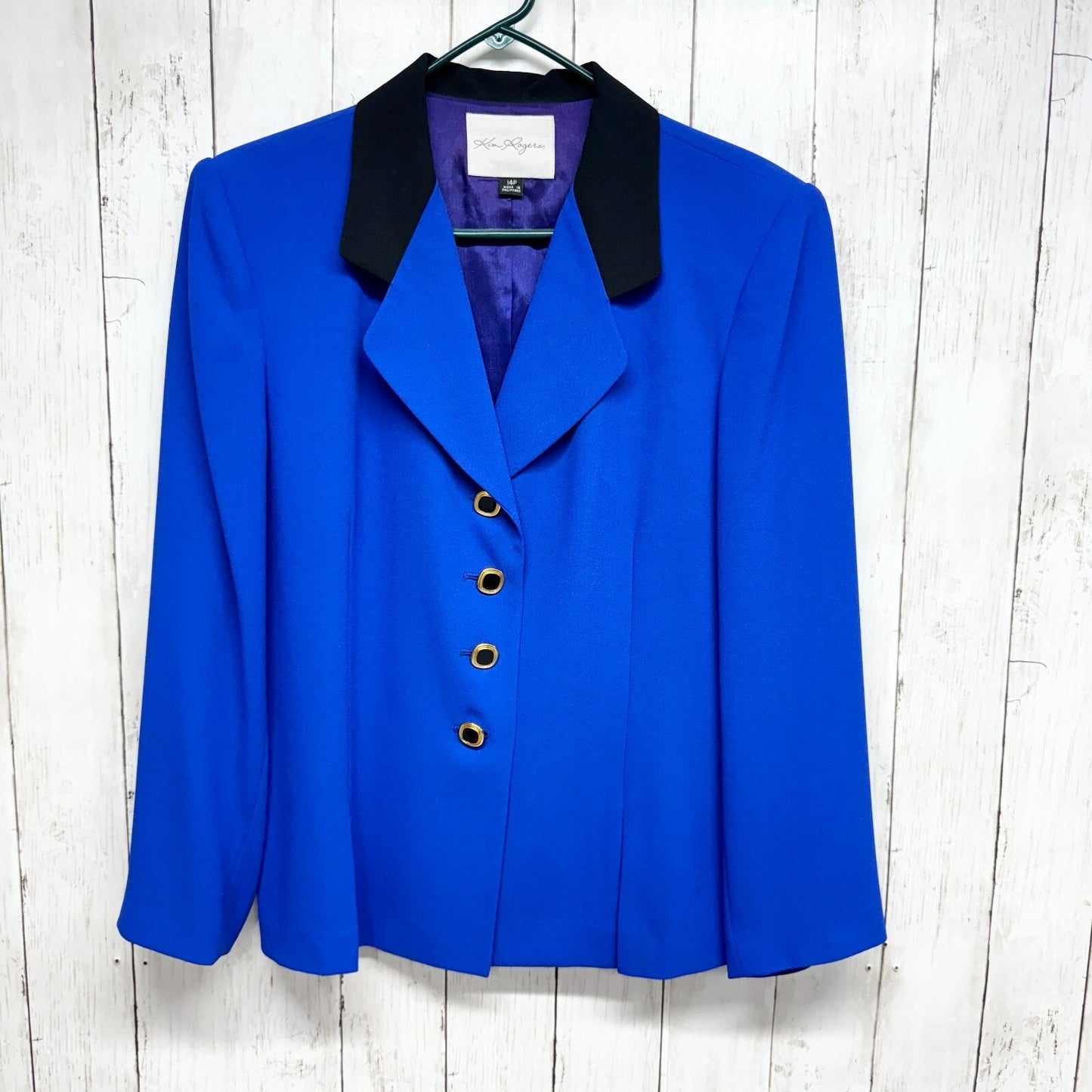 KIM ROGERS Blazer Women Size 14P Button Down Royal Blue Long Sleeve Suit Jacket